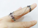 Double ring with chains Silver 925 Red stones Adjustable