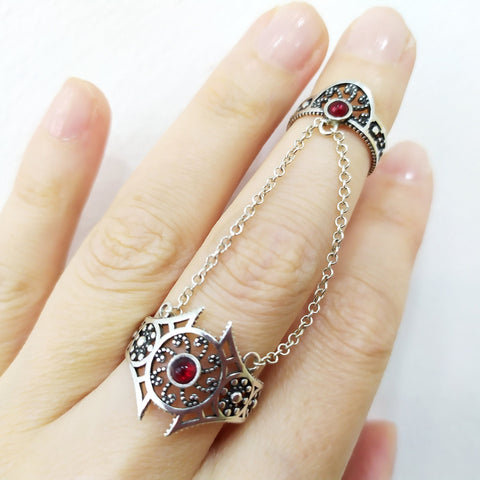 Double ring with chains Silver 925 Red stones Adjustable