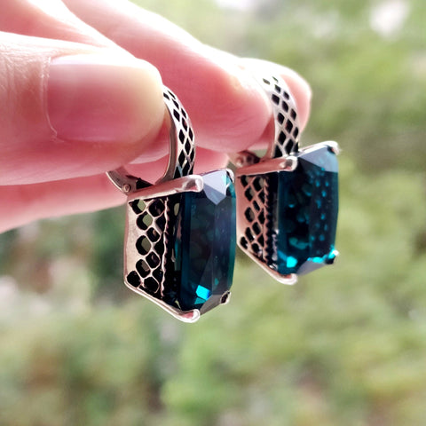 Earrings middle length Sterling silver 925 Teal turquoise stones