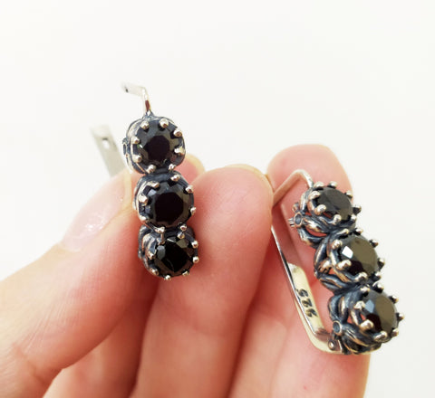 Earrings Rose Flower jewelry SILVER 925 black zircon
