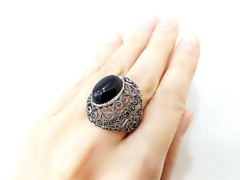 Black onyx Silver 925 Ring Oval cabochon gemstone Marcasite Armenian jewelry