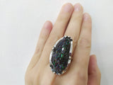 Ring adjustable silver 925 Natural carbide stone black blue druzy