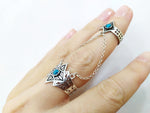 Double ring with chains Silver 925 Natural blue turquoise Adjustable