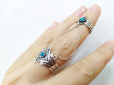 Double ring with chains Silver 925 Natural blue turquoise Adjustable