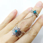 Double ring with chains Silver 925 Natural blue turquoise Adjustable
