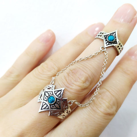 Double ring with chains Silver 925 Natural blue turquoise Adjustable