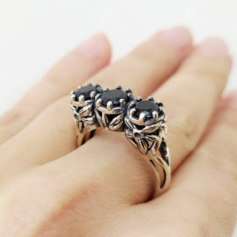 Statement ring Rose Flower jewelry SILVER 925 black zircon stones