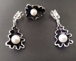 Black 925 Silver jewelry set Lab pearl Dangle Drop Earrings and Ring SET