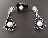 Black 925 Silver jewelry set Lab pearl Dangle Drop Earrings and Ring SET