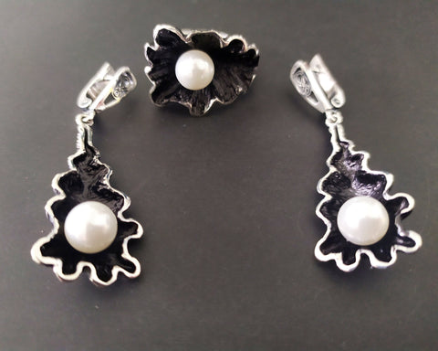 Black 925 Silver jewelry set Lab pearl Dangle Drop Earrings and Ring SET