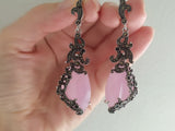 Earrings Pink rose quartz Marcasite STERLING SILVER 925