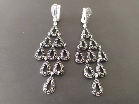 Very long earrings Sterling silver Dangle peacock tail
