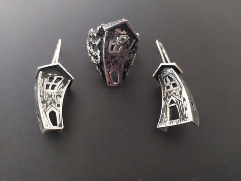 House jewelry Silver black Earrings long  with hooks and ring