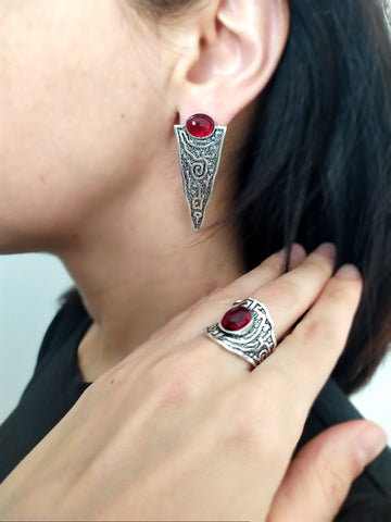 Set Rings and Very long earrings silver 925 with red lab garnet