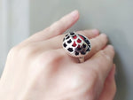Small ring silver 925 with round lab coral inside Oxidized black