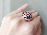 Small ring silver 925 with round lab coral inside Oxidized black