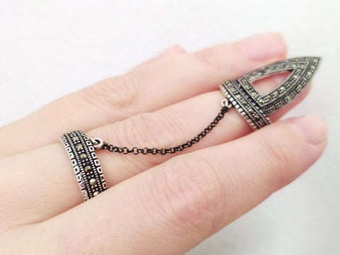 Double ring Sterling Shield ring adjustable jewelry marcasite