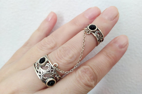 Double ring with black onyx gemstones Silver 925