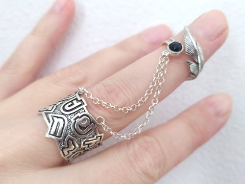 Armenian alphabet double ring Feather black stone Adjustable SILVER 925