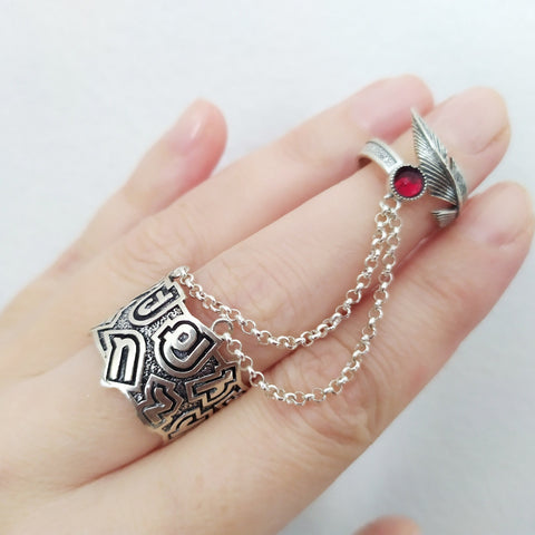 Armenian alphabet double ring with chains Feather red stone Adjustable  SILVER 925
