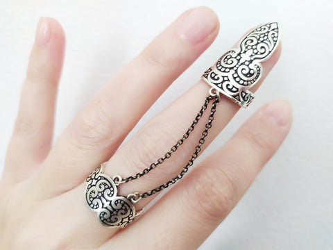 Double ring silver 925 full finger shield with chains Designer jewels