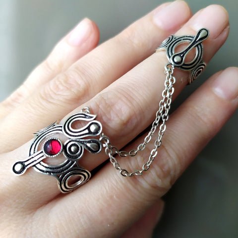 Double ring silver 925 full finger shield jewellery with chains and Lab reg garnet