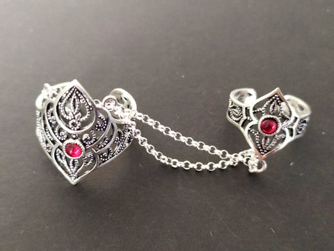 Armenian double ring Sterling silver 925 Lab red garnet Adjustable rings for women