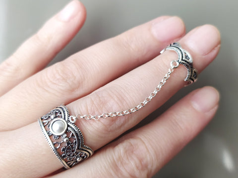 Armenian double ring Sterling silver 925 Lab white pearl Adjustable