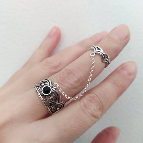Double ring Sterling silver 925 Black onyx Adjustable