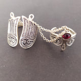 Double ring Wings  Sterling silver 925 Lab red garnet Adjustable