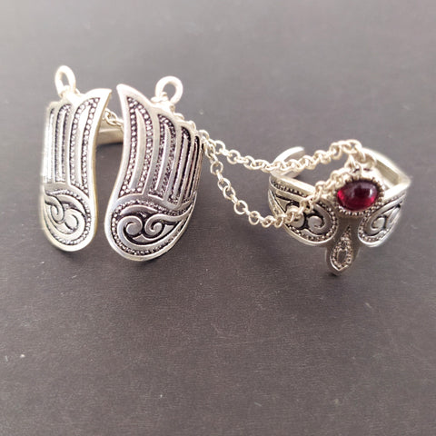 Double ring Wings  Sterling silver 925 Lab red garnet Adjustable