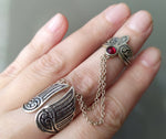 Double ring Wings  Sterling silver 925 Lab red garnet Adjustable