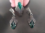 Silver 925 Marcasite Emerald green EARRINGS Very long Green