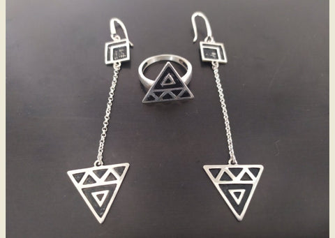 Jewelry SET Earrings hooked and ring Triangle celtic style Sterling silver 925