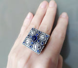 Ring square blue sapphire stones STERLING SILVER 925