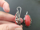 Red natural coral Earrings Hooked Crooked jewelry Sterling silver 925