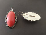 Red natural coral Earrings Hooked Crooked jewelry Sterling silver 925
