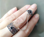 Armenian jewelry Double ring with chains Silver 925 black onyx