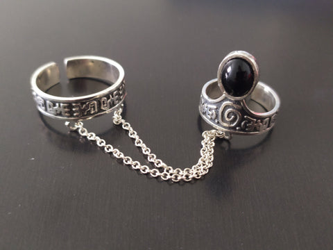 Double ring silver Black onyx Adjustable STERLING SILVER 925