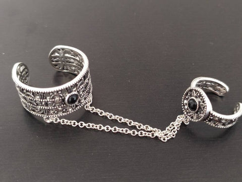 Armenian jewelry Double ring with chains Silver 925 black onyx