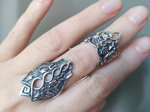 Double ring Shield full finger sterling silver 925 Adjustable