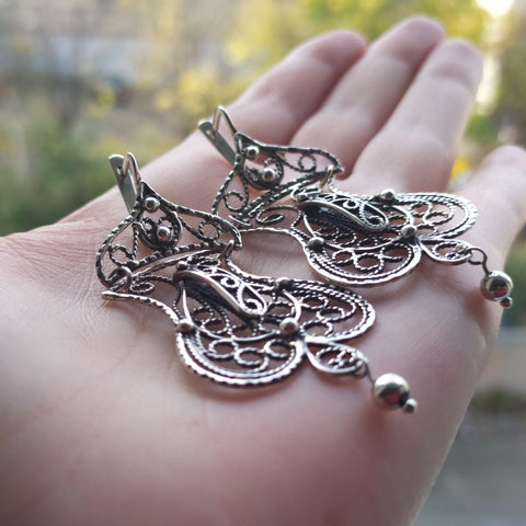 Earrings very long Sterling silver 925 Artisan jewelry