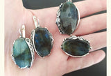 Labradorite set Silver 925 Earrings Ring adjustable and Large pendant Floral