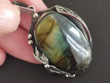Labradorite set Silver 925 Earrings Ring adjustable and Large pendant Floral