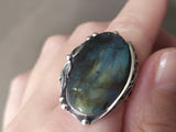 Ring women labradorite oval blue green Silver 925 Floral Handmade