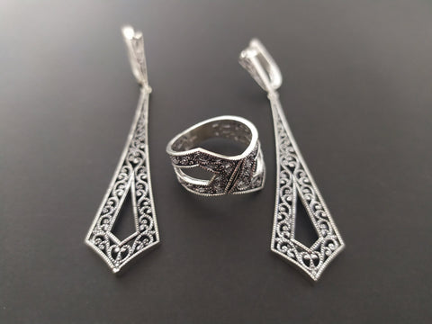Jewelry set ring and long earrings Silver 925