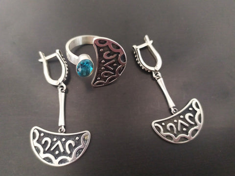 Earrings and Ring Semi circle Sizes US 7 US 8 US 9 silver 925