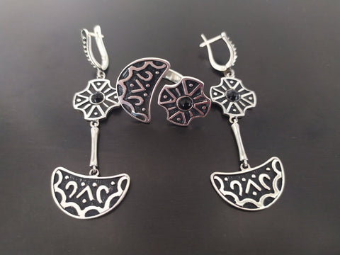 Earrings and Ring semi Black onyx Women jewelry