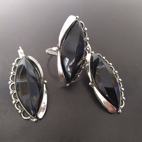 SET silver 925 One of a kind Earrings and ring black onyx stone