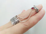 Armenian alphabet double ring with chains Feather red stone Adjustable  SILVER 925